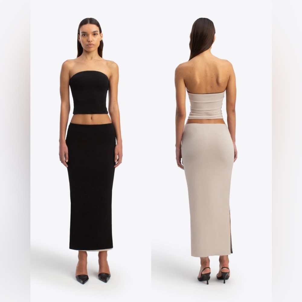 Stretch Tube Top & Maxi Skirt Set in Black and Beige
